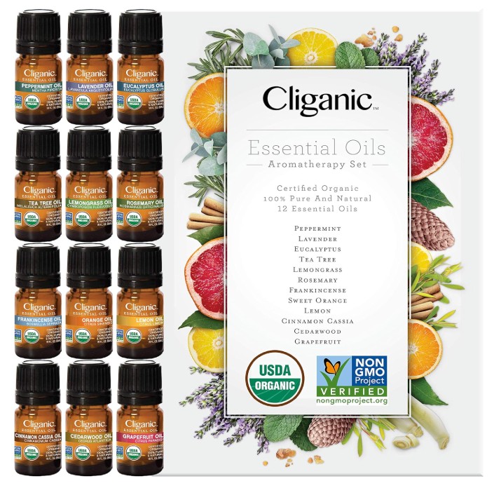 Cliganic USDA Organic Aromatherapy TOP 12 Essential Oils Set, 100% Pure - Peppermint, Lavender, Eucalyptus, Tea Tree, Lemongrass, Rosemary, Frankincense, Orange, Lemon, Cassia, Cedarwood & Grapefruit