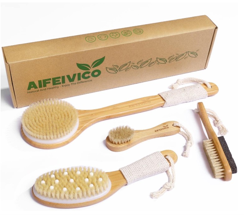 Dry Brushing Body Brush, Natural Boar Bristle Exfoliating Dry Brush, Long Handle Back Scrubber Brush, Face Brush, Foot Brush, Meridian Pressure Brush for Lymphatic Drainage, Cellulite